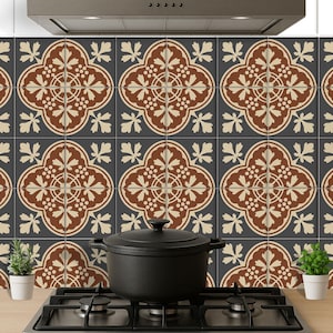 Vintage terracotta bloementegelsticker | Handgemaakte keuken- en badkamermuurstickers | Antislip vloertegelstickers | Afneembaar