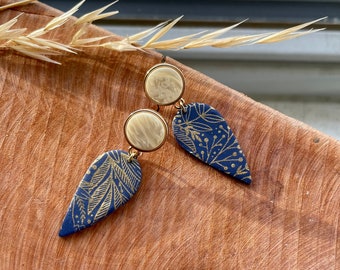 Bibi earrings | blue gold earrings | statement | clay earrings | lightweight | handmade | stainless steel | gold earrings