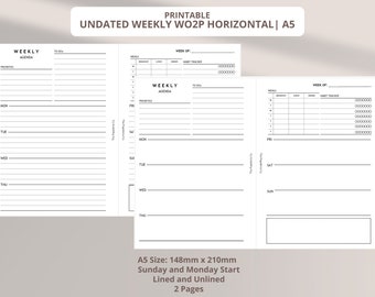 Inserto digitale per agenda settimanale orizzontale su due pagine (WO2P) in formato A5 senza data (inizio domenica e lunedì / con righe e senza righe)