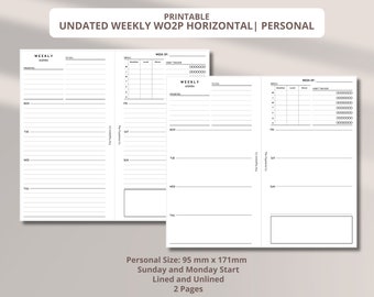 May include: Two-page spread of a printable undated weekly planner. The planner is white with black text and lines. The top of the planner reads "Printable Undated Weekly WO2P Horizontal | Personal". The planner includes sections for priorities, to-do lists, and a habit tracker.