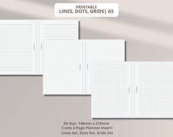 May include: White A5 planner inserts with lines, dots, and grid patterns. The image shows three sets of 2-page inserts. Text at the top reads "PRINTABLE LINES, DOTS, GRIDS | A5". The size is 148mm x 210mm.