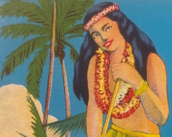 Vintage 1920s Honolulu Broom Factory Hula Girl Label, Hawaiian Chromolithograph Advertising