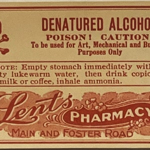 Rare Vintage 1920s Denatured Alcohol Label, Lents Pharmacy, Portland, OR
