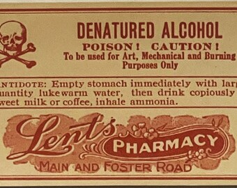 Etiqueta de veneno para alcohol desnaturalizado de la década de 1920 de la farmacia Lents en Portland, Oregón.