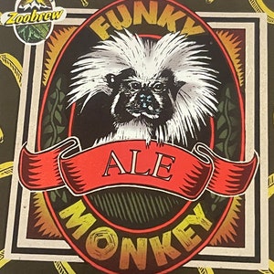 May include: A vintage-style illustration of a monkey with a white beard and a red banner that says "FUNKY ALE MONKEY". The monkey is surrounded by a yellow and green border.