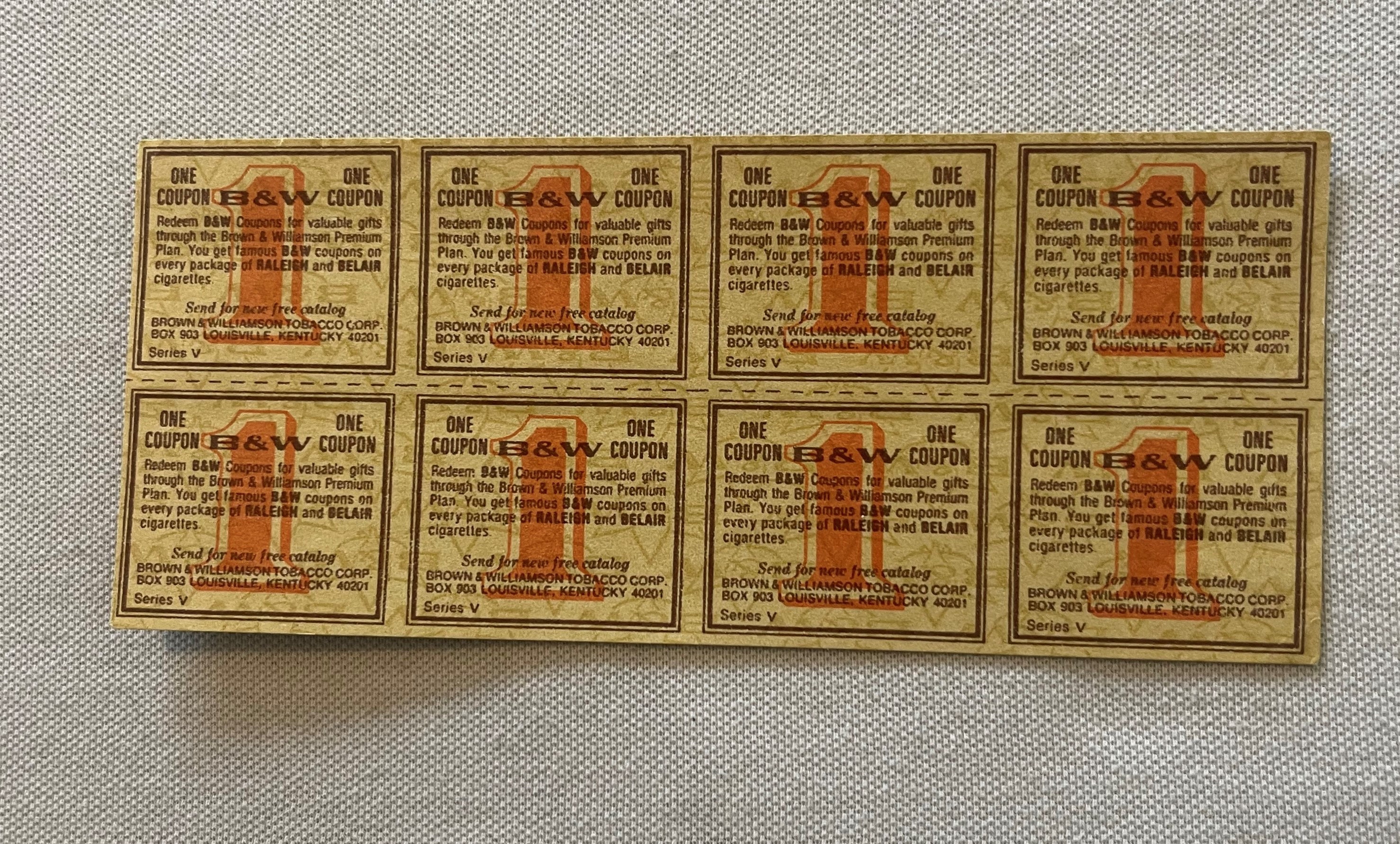 Vintage Uncut Sheet Raleigh B & W Tobacco Coupons Brown and Williamson  1960s - 1970s