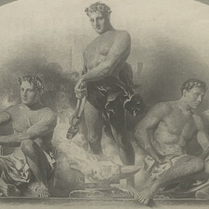 May include: A black and white engraving depicting three muscular figures in a classical style. One figure stands with a hammer, another holds a tool, and the third holds a vessel. The figures are set against a hazy background.