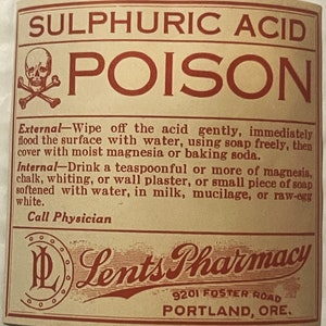 Rare Vintage 1920s Sulphuric Acid Label, Lents Pharmacy, Portland, OR, Historic!