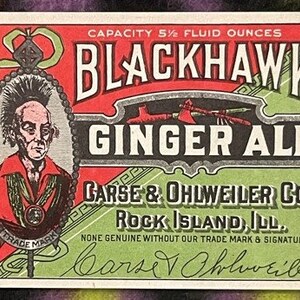Antique Vintage 1920s Blackhawk Ginger Ale Label, Carse & Ohlweilwer, Rock Island, IL