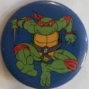 May include: A green Teenage Mutant Ninja Turtle with a red bandana and a black belt with a white 'R' on it. The turtle is holding two katanas in its hands and is in a fighting stance. The background is blue.
