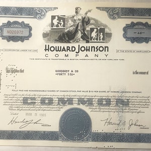 Vintage 1960s Howard Johnson HoJo Stock Certificate Blue American Icon RIP 2021 Collectibles Antique and Bond