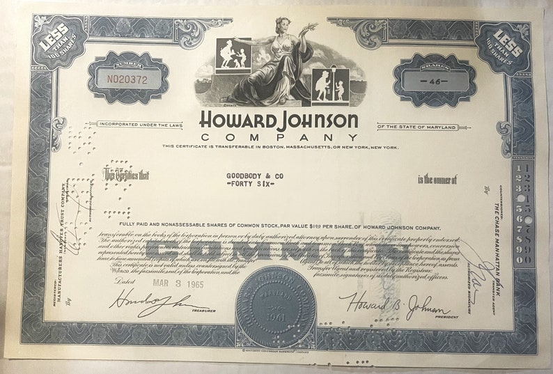 Vintage 1960s Howard Johnson HoJo Stock Certificate Blue American Icon RIP 2021 Collectibles Antique and Bond