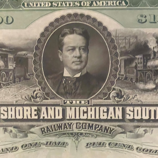 Zeldzaam antiek 1897 Lake Shore en Michigan Southern Railroad Co. Gold Bond-certificaat