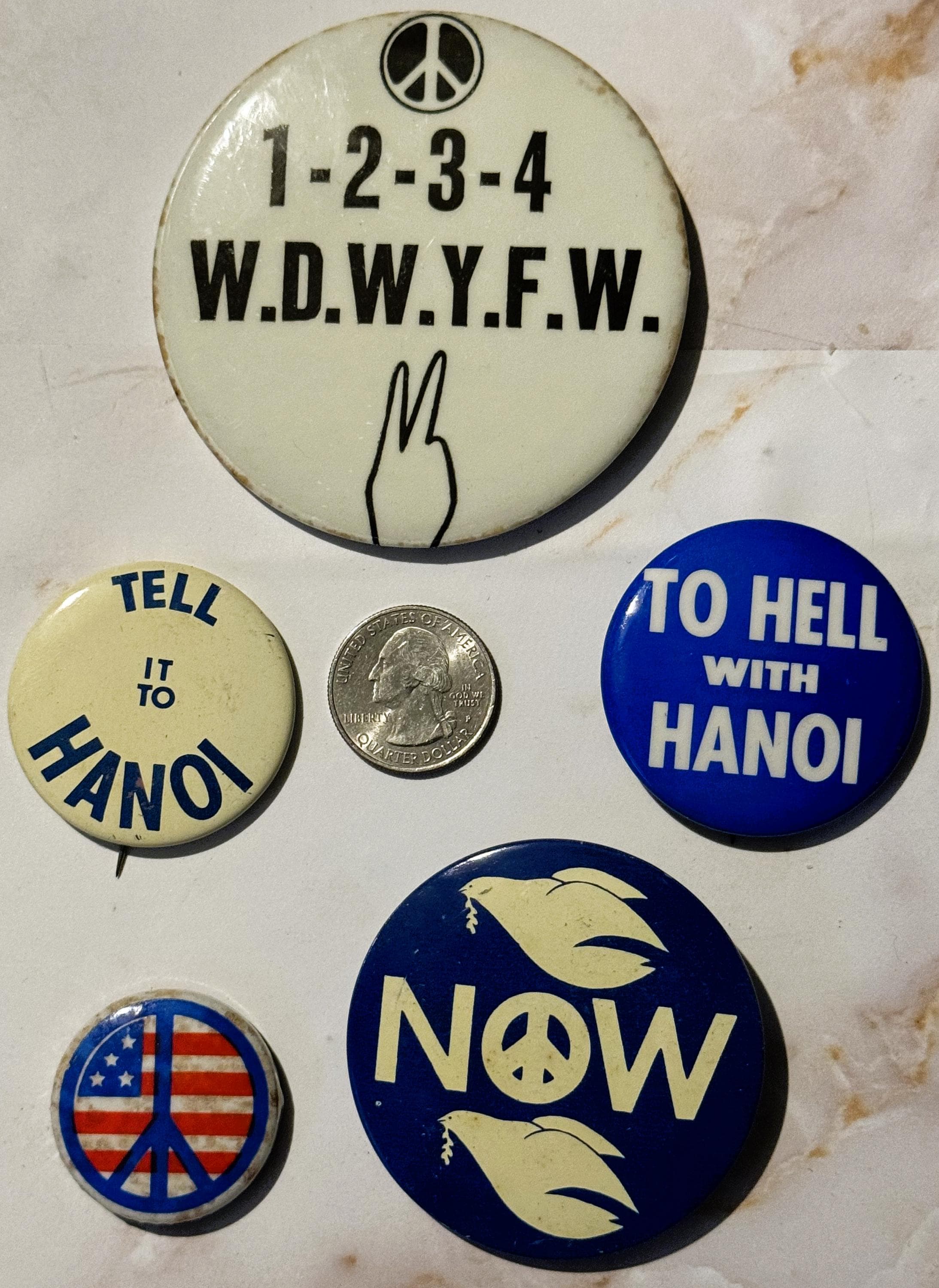 Vintage 1960s Vietnam War Peace & Protest Pin Set – 5 Button Combo