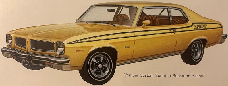 May include: Illustration of a yellow 1974 Pontiac Ventura Custom Sprint. The car features black racing stripes and the word "Sprint" on the side. The car is yellow with black wheels and a brown interior.