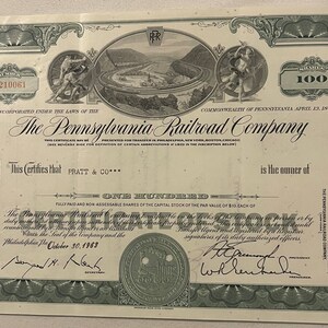Vintage Monopoly Stock Certificate Pennsylvania Railroad Green 100 Shares 1950s -1970s - Vintage and Antique Gifts - Vintage Advertisements