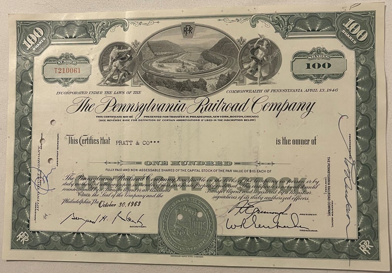Vintage Monopoly Stock Certificate Pennsylvania Railroad Green 100 Shares 1950s -1970s - Vintage and Antique Gifts - Vintage Advertisements