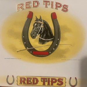 Antique Vintage 1900s - 1920s Red Tips Embossed Cigar Label, Horse, Horseshoes