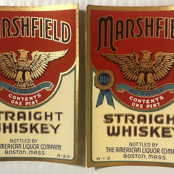 Two Antique Vintage 1930s Marshfield Whiskey Label, Boston, MA, Gold Eagle!