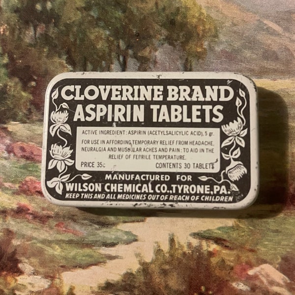 Rare Vintage Cloverine Aspirin Tin, Tyrone, PA 1940s