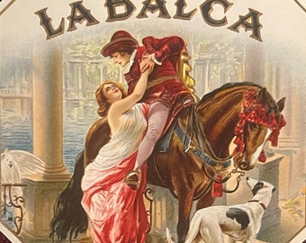 Etiqueta antigua de cigarros La Balca de la década de 1910, con relieve dorado, para amantes victorianos.
