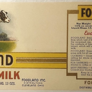 Antique 1920s Foodland Evaporated Milk Can Label Cleveland OH Cow Farm Decor! Vintage Advertisements