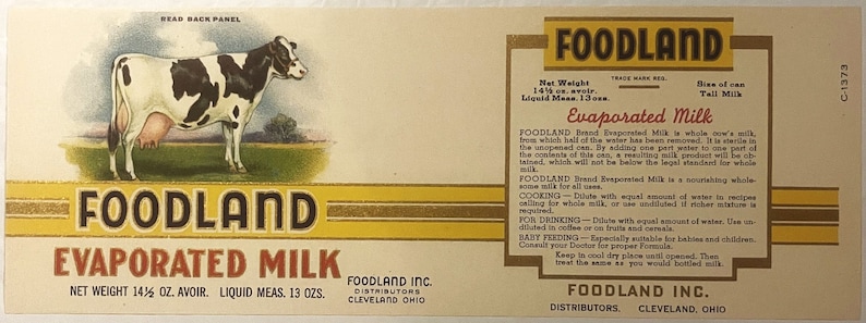 Antique 1920s Foodland Evaporated Milk Can Label Cleveland OH Cow Farm Decor! Vintage Advertisements