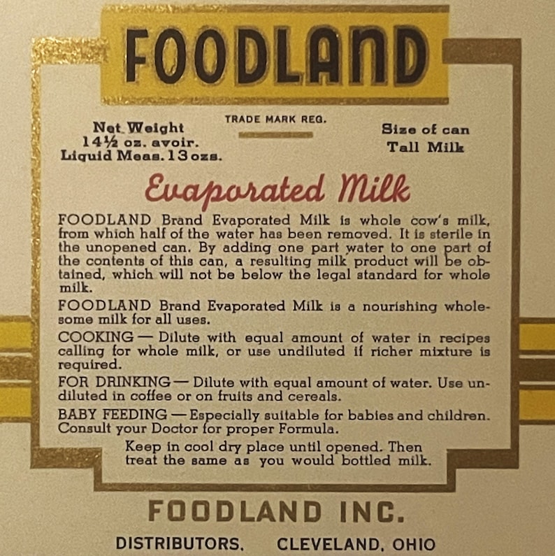Antique 1920s Foodland Evaporated Milk Can Label Cleveland OH Cow Farm Decor! Vintage Advertisements