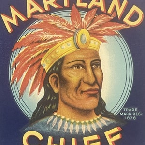 Antique Vintage 1920s Large Maryland Chief Can Label, Baltimore, MD, Wall Decor!