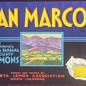 Antique Vintage 1930s San Marcos Sunkist Crate Label, Goleta, CA
