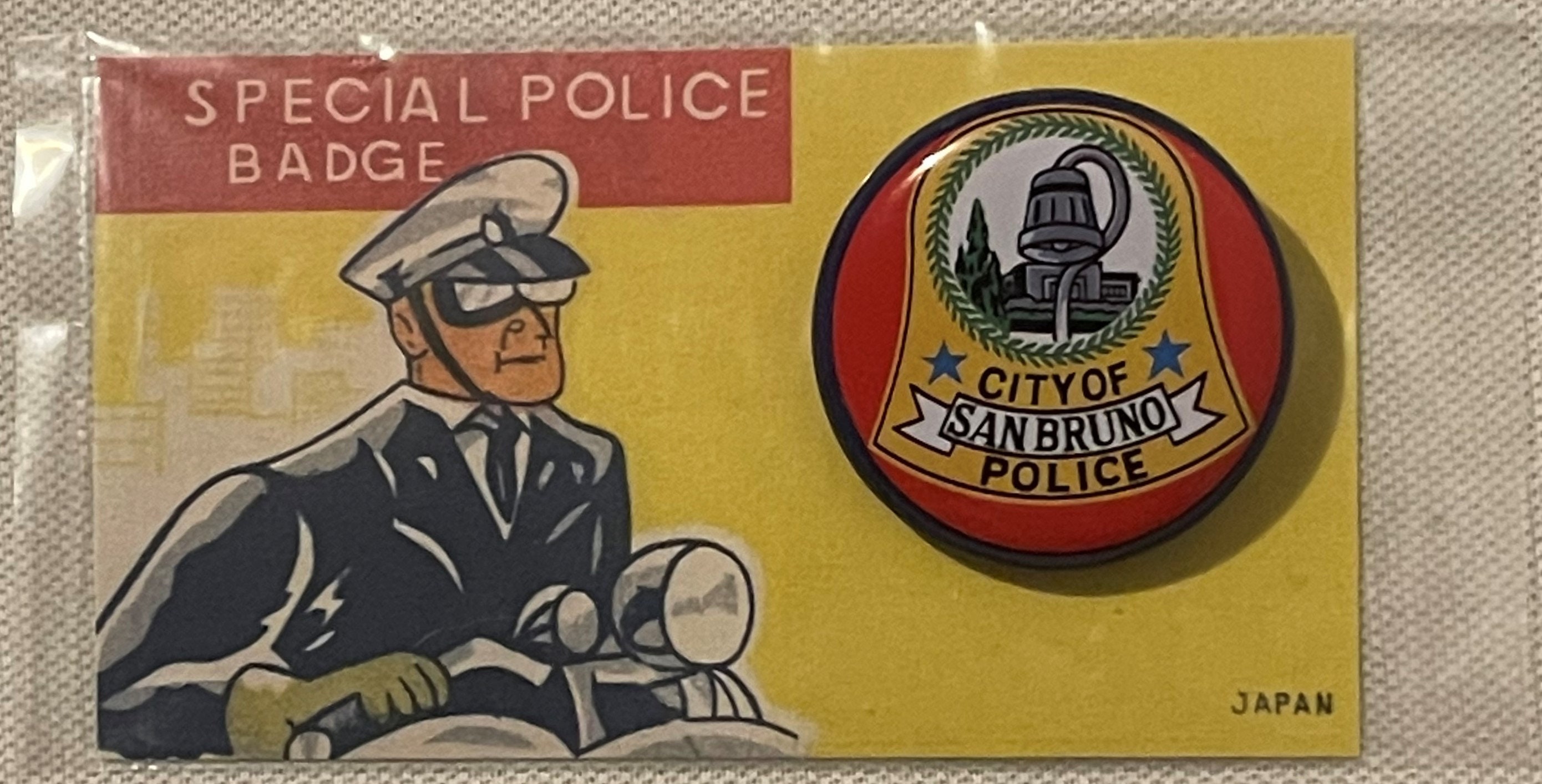 Très rare vintage des années 1950 étain lithographie insigne de police spécial ville de San Bruno, Californie