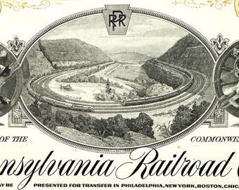 Vintage 1950s - 1960s Pennsylvania Railroad Stock Certificate, Horseshoe Curve O