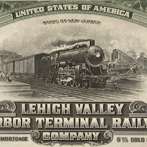 Antique 1924 Lehigh Valley Harbor Terminal Railway Co. Gold Bond Certificate