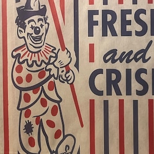Vintage 1950s Clown Circus Popcorn Bag, Patriotic Red White and Blue!