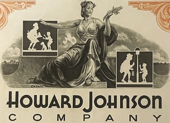 Vintage Howard Johnson Company Stock Certificate 100 Shares Roadside Americana Scripophily Orange Roof Restaurant Chain