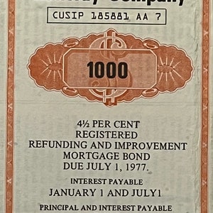 May include: A vintage bond certificate for $1,000 from The Cleveland, Cincinnati, Chicago and St. Louis Railway Company. The bond is dated July 1, 1977, and has an interest rate of 4 1/2%.