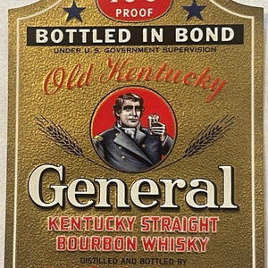 Rare Vintage 1930s Embossed General Old Kentucky Bourbon Whiskey Label, Louisville