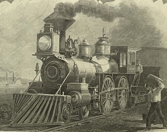 May include: A black and white vintage illustration of a steam locomotive with a large smokestack and a bell. The locomotive is on a track with a wooden platform and a group of people standing nearby.
