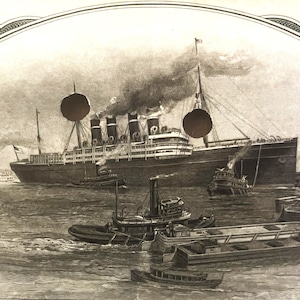 May include: A black and white illustration of a large ship being towed by smaller boats in a harbor. The ship has multiple smokestacks and is surrounded by smaller boats and a building on the right side of the image.