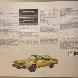 May include: An advertisement shows a yellow 1974 Pontiac Ventura Custom Sprint, a two-door coupe. The car has black detailing, a Sprint badge, and Rally II mag wheels. The image is from a vintage brochure.