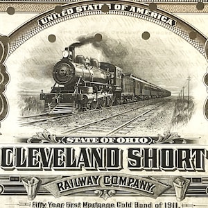 Antique 1911 Cleveland Short Line Railway Company Gold Bond Certificate Historic