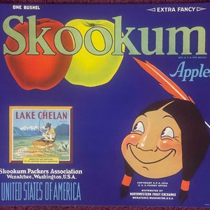 Antique Vintage 1940s Skookum Lake Chelan Crate Label, Wenatchee, WA