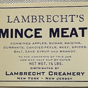 Rare Antique Vintage Lambrecht&#39;s Mince Meat Label NY, NJ 1910s - 1930s