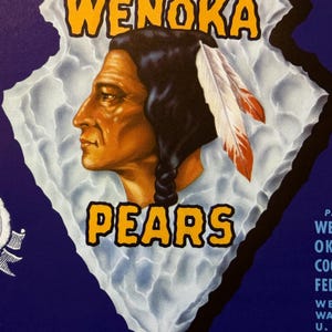 May include: A vintage label with a blue background and a white, jagged rock shape. The rock shape features a drawing of a Native American man with a feather headdress. The text "WENOKA PEARS" is in yellow letters on the rock shape. The text "TRADE MARK" is at the bottom of the label.