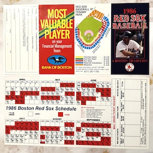 May include: 1986 Boston Red Sox baseball schedule with a seating chart for Fenway Park. The schedule is divided into months, with games listed for each day. The seating chart shows the different seating sections and prices. The image also includes a picture of a baseball player in a Red Sox uniform and the text "Most Valuable Player on your Financial Management Team".