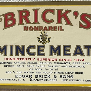 Antique Vintage 1910s - 1930s Brick&#39;s Nonpareil Mince Meat Label 5 lb