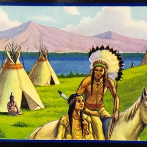 May include: A painting of two Native American people in traditional clothing. The man is wearing a feathered headdress and holding a spear. The woman is wearing a beaded dress and holding a small bag. They are standing in front of a teepee and a lake with mountains in the background.