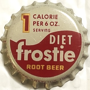 May include: A white bottle cap with red and gold accents. The cap features the text "DIET Frostie ROOT BEER" and "1 CALORIE PER 6 OZ. SERVING".