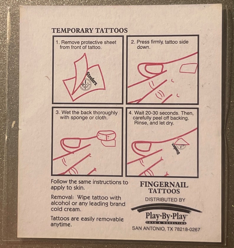 May include: Instructions for applying temporary fingernail tattoos. The instructions include removing the protective sheet, pressing the tattoo firmly, wetting the back with a sponge, and waiting 20-30 seconds before peeling off the backing. The image also includes the text "Fingernail Tattoos" and "Play-By-Play Toys & Novelties".