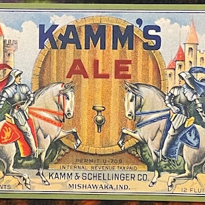 Antique Vintage 1930s Kamm&#39;s Ale Label, Knights Shining Armor on Horses, Mishawaka, IN
